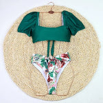 2026 Sexy Bikini Women Push Up Swimwear Swimsuit Leaf Sunflower Print High Waist Bowknot Bubble Sleeves Bikinis Set Bathing Suit
