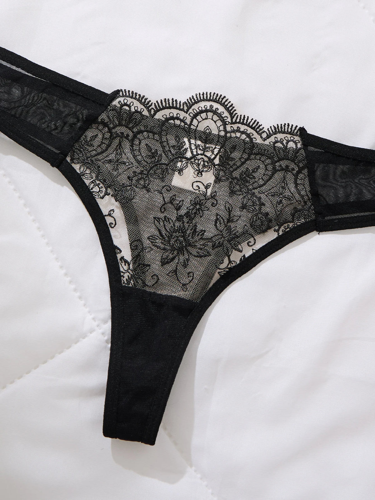 3 Pieces Sheer Lace Garter Lingerie Set Women Black Underwire Bra Bow Decor Thong Sexy Ladies Underwear ZA25205