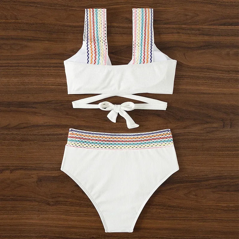 New Sexy Cross Wrap Ribbed Bikinis 2024 Women Swimwear Female Swimsuit Two Piece White High Waist Bikini Set Bather Bathing Suit