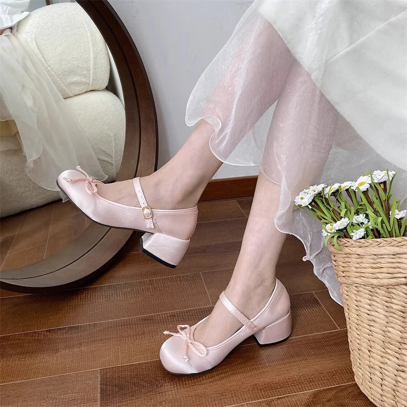 2025 spring cute sweet Bowknot Mary Janes for Womenvintage Silk Med Heelspumps LadiesBanquet Wedding Single Shoes Mujer
