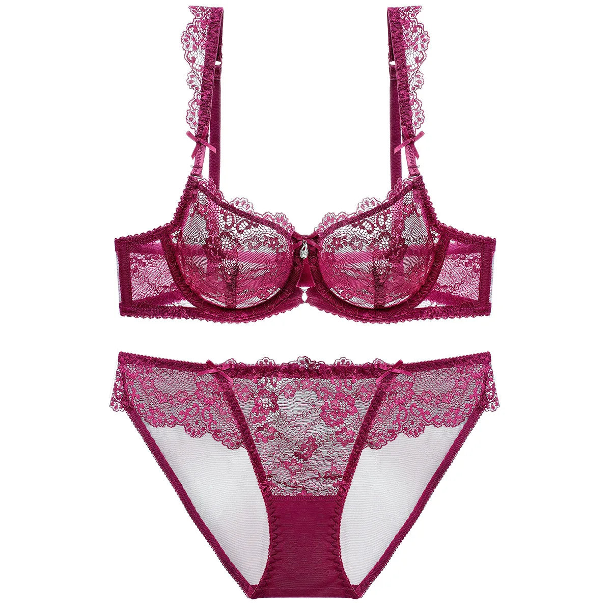 Sexy Hollow Push Up Bra Set French Ultra Thin Lace Embroidery Women Underwear Burgundy Breathable Temptation Plus Size Lingerie