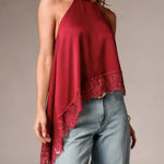 Solid Color Satin Halter Neck Vest for Women Summer Sleeveless Open Back Irregular Lace Hem Tank Tops