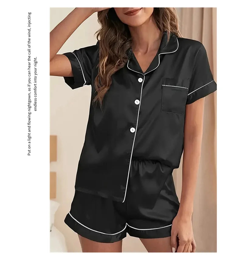 Luxurious Satin Pajama For Women Turn-down Collar Button Top & Shorts Sleepwear & Loungewear for Summer Home Clothes Suit