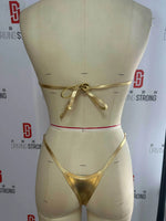 DEKA Sexy Shiny Gold Bandeau Bikini Set Women Ring Linked Hollow Out Push Up Bra Micro Swimsuit Bathing Suit Thong Swimwear
