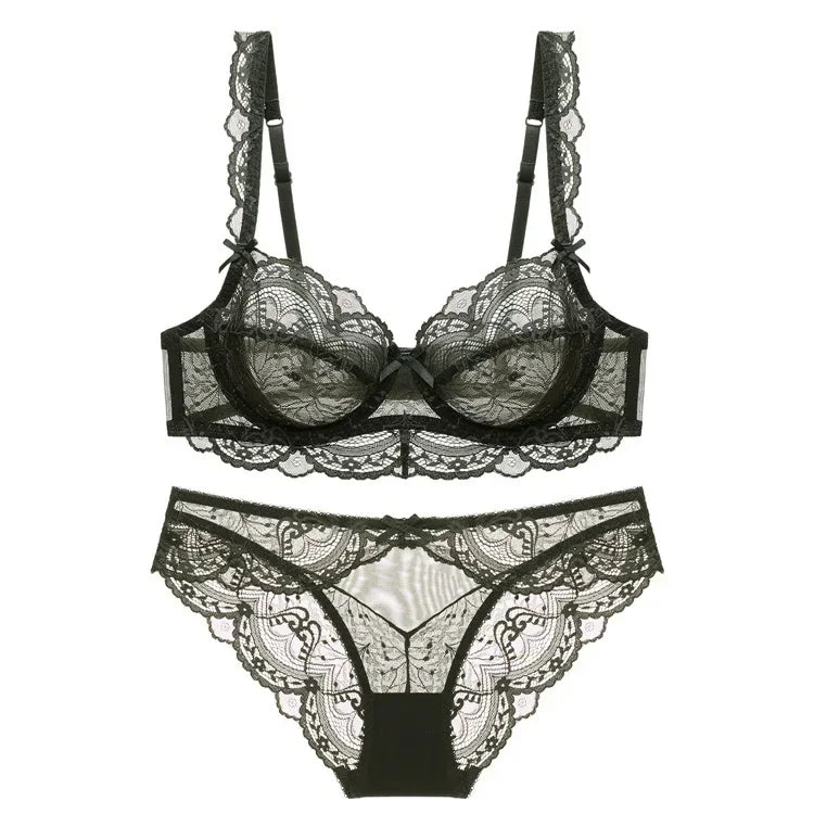 MOYISU Pure Desire Lace Bra Set Women Sexy Anti-Sag Push Up Bralette Sheer Underwear for Big/Small Chest Comfort Support