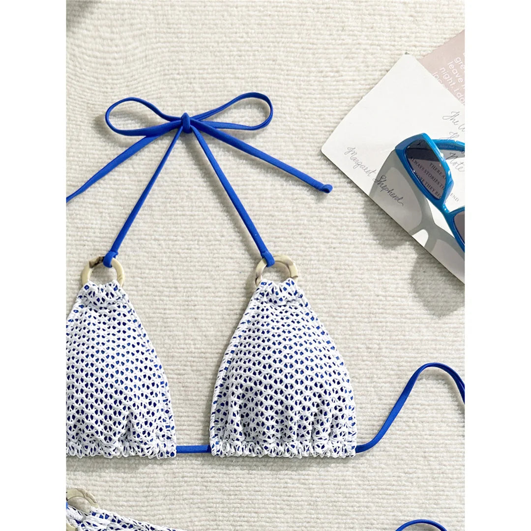 Wrinkled Halter Two-Pieces Bikini Set Bikini Female Swimsuit Women Swimwear Strappy High Cut Leg Bathing Suit Bather Swim V7043
