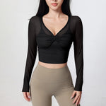 Women Mesh Long Sleeve Crop Yoga Top V Neck Twist Front Built-in Bra Quick Dry Breathable Workout Running Sports Shirt