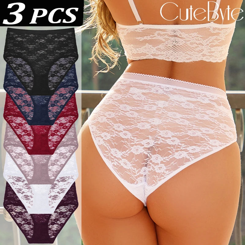 FINETOO 3PCS Women Lace Panties Sexy Hollow Underpants Sexy High Waist Lace Panty Elegant& Romantic Ladies Breathable Underwear