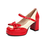 Plus Size 32-48 Sweet Lolita Patent Leather Mary Jane Shoes Women Gothic Square Toe Bow Tie Platform Chunky Heels Brogue Pumps
