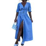 Women's Denim Long Dress Short Sleeve V-Neck Button Down Maxi Dress Casual Jean Dress for Spring Summer