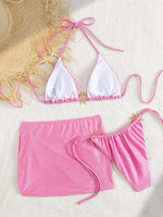 Sexy Pink Bikini 2025 Mujer Women Metal Sun Ornament Push Up Mesh Skirt 3 Piece Swimsuit Summer Bathing Suit Vacation Swimwear