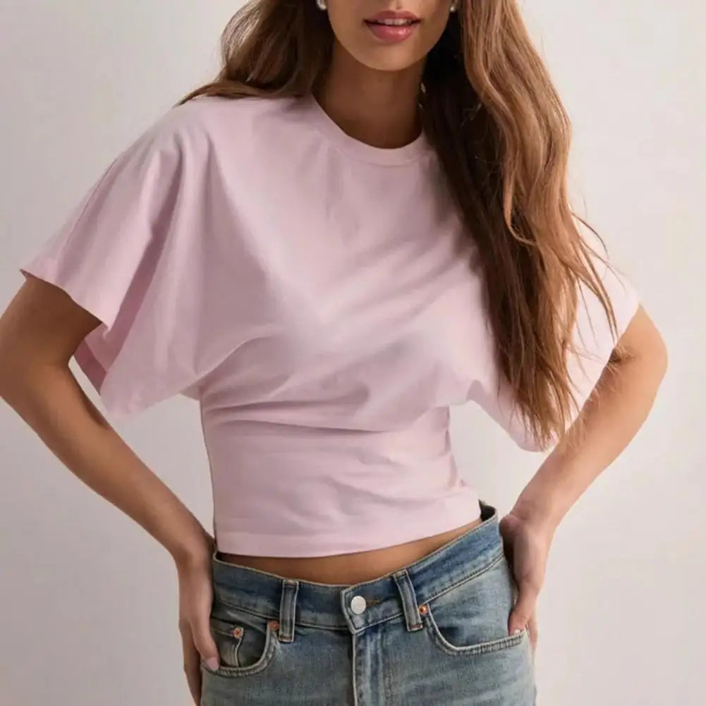 Women Solid Color Round Neck T-Shirt Breathable Casual Top Summer Short Sleeve Pullover Tee for Work Daily Wear Parties