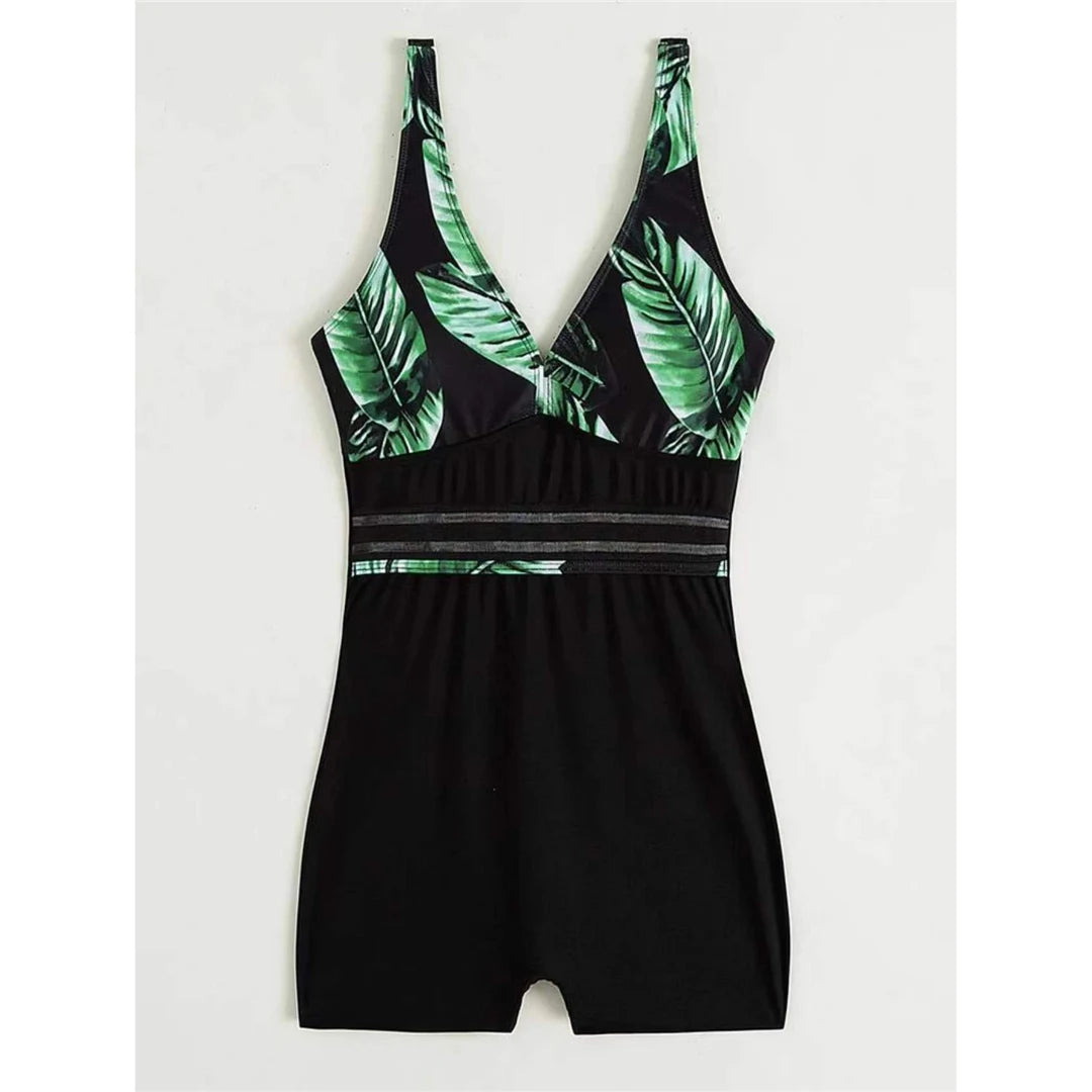 New V Neck Leaves Printed Shorts One Piece Swimsuit Women Swimwear Female Monokini Padded Bather Bathing Suit Swim Lady K4142