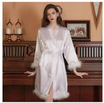 Satin Feather Patchwork Bride Bridesmaid Robe Sexy Kimono Bathrobe Gown Casual Sleepwear Intimate Lingerie Female Nightgown