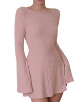 Women Spring Autumn Mini Dress Long Sleeve Crew Neck Backless Solid Color A-line Dress for Party Club