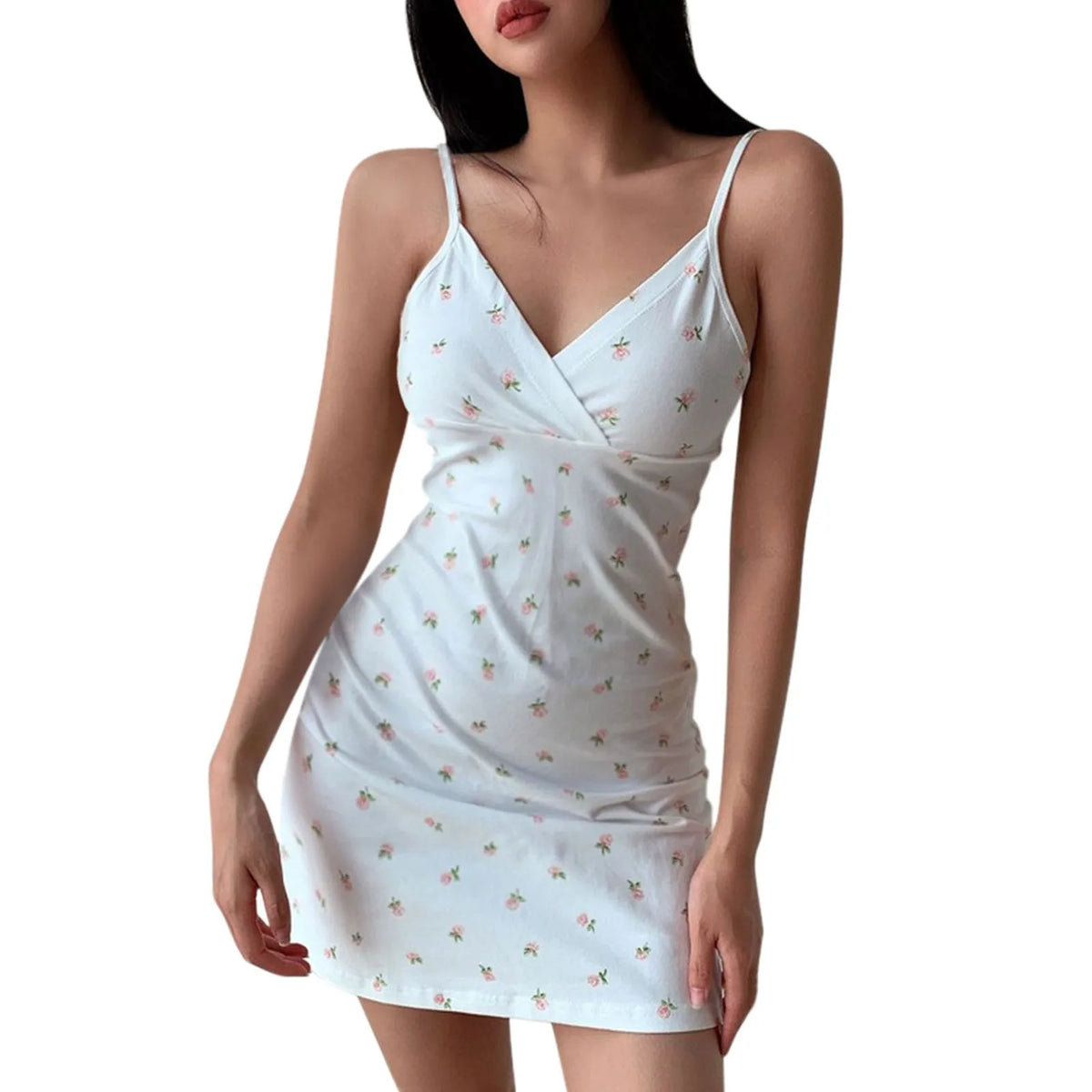 Women's Bohemian Floral Print Mini Dress V Neck Spaghetti Strap Wrap Bodycon Short Dress Casual Slim Fit Summer Beach Sundress