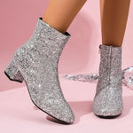 Women's Sparkling Silvers Glitter Ankle Boots Fashion Chunky Mid Heel Zipper Short Boots Women Round Toe Plus Size Botas Mujer