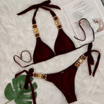 DEKA Brazilian Chain Bikini Set Women's Swimsuit Stylish Solid Thong Swimwear Diamond Separate Beachwear Bathing Suit