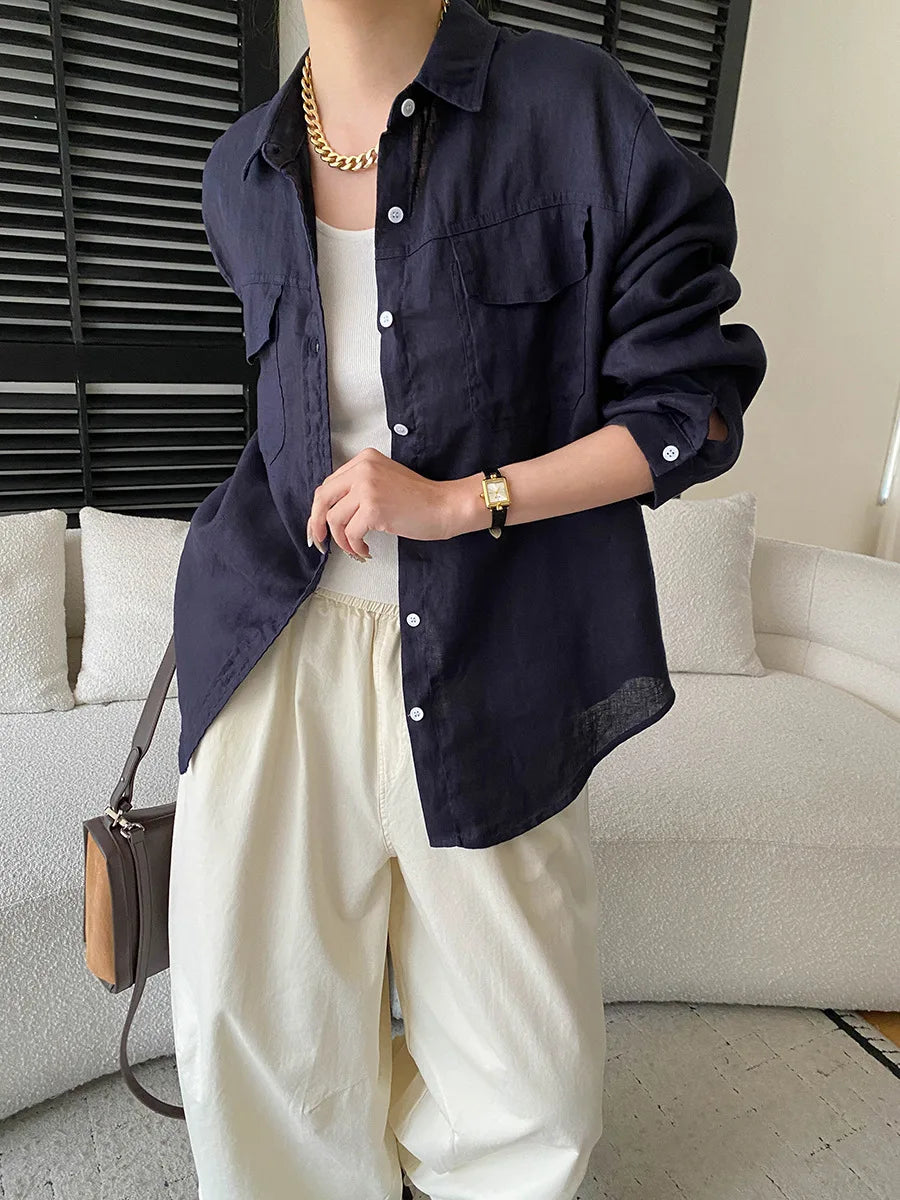 Women White Linen Blend Button Down Shirt Turn Down Collar Chest Pocket Loose Fit Blouse For Summer And Vacation Outfit KY7U