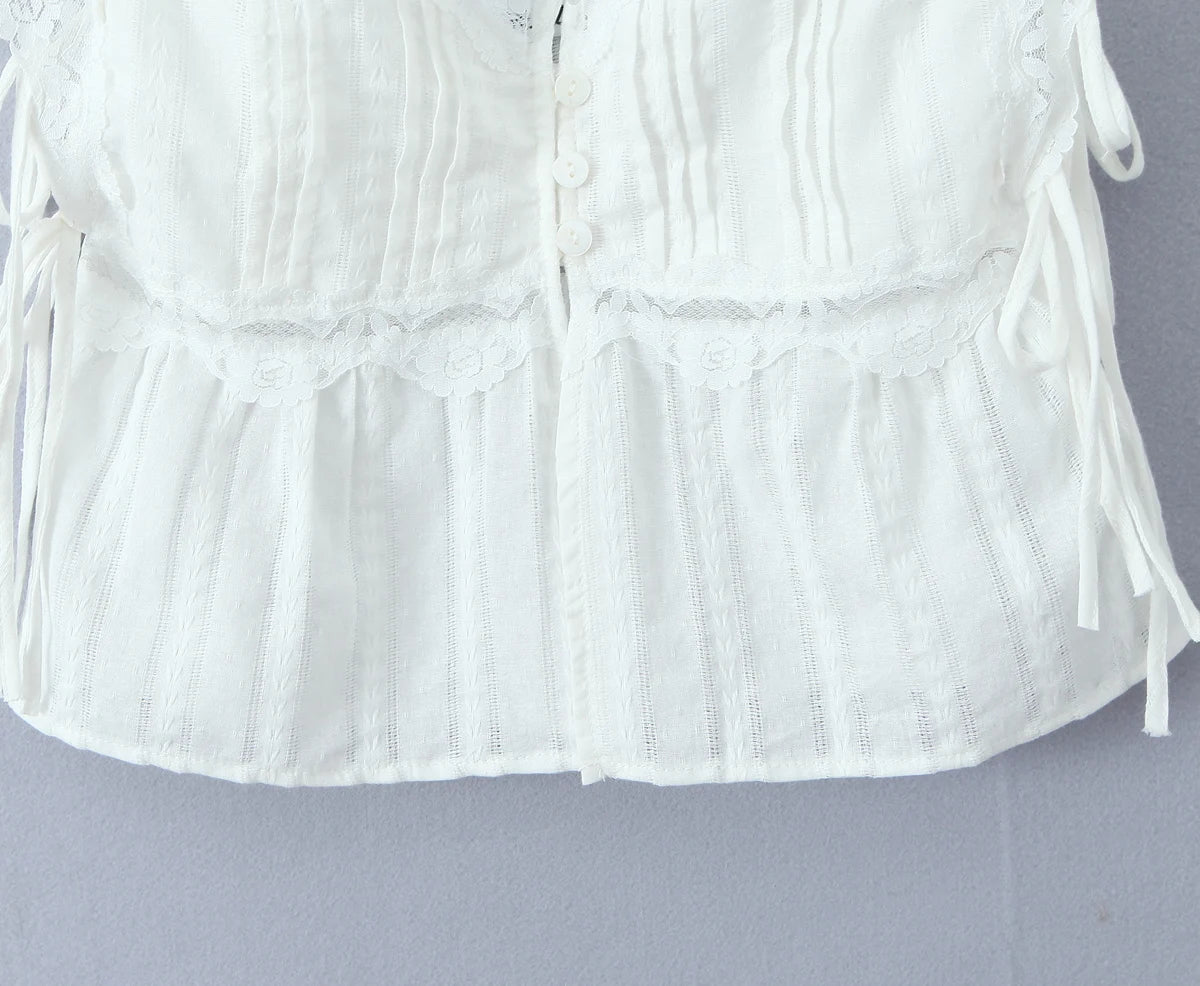 Foridol White Lace Tops for Women Summer Casual Side Tie Up Cotton Camis Top Buttons Casual Beach Vacation New Tops