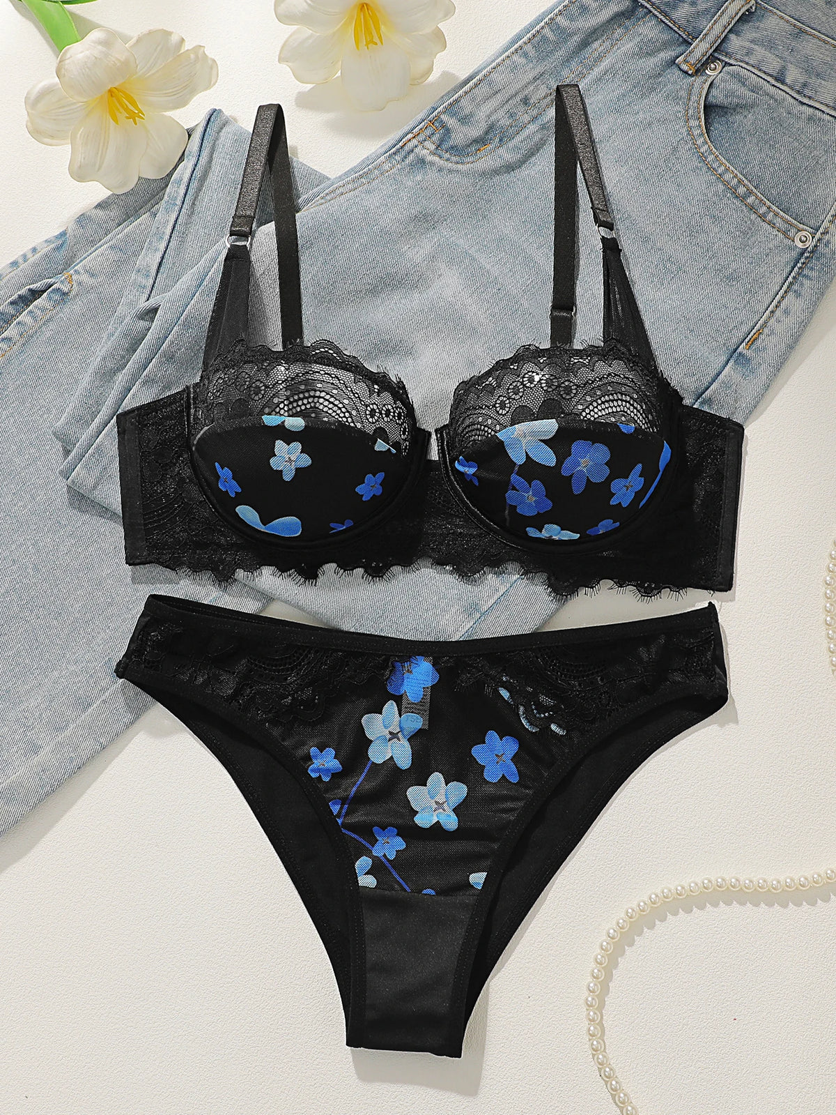 Women's Sexy Lace Splice Floral Pattern Bra Set with Steel Ring Gathered Support Easy Wash Quick Dry Underwear Set YS2991