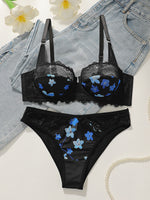 Women's Sexy Lace Splice Floral Pattern Bra Set with Steel Ring Gathered Support Easy Wash Quick Dry Underwear Set YS2991