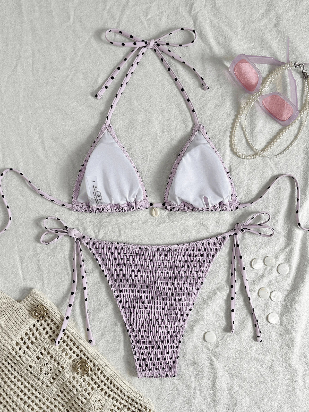 Sexy Purple Polka Dot Print Bikini Set Women Shell Pleate Push Up Bra Bandage Thong Swimsuit 2026 Summer Bathing Suit Swimwear