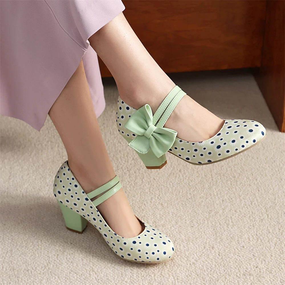 Plus Size 33-48 Sweet Polka Dot Mary Jane Heels Shoes Women Pink Blue Side Bow Tie Round Toe Chunky Block Heel Cute Lolita Pumps