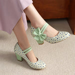 Plus Size 33-48 Sweet Polka Dot Mary Jane Heels Shoes Women Pink Blue Side Bow Tie Round Toe Chunky Block Heel Cute Lolita Pumps