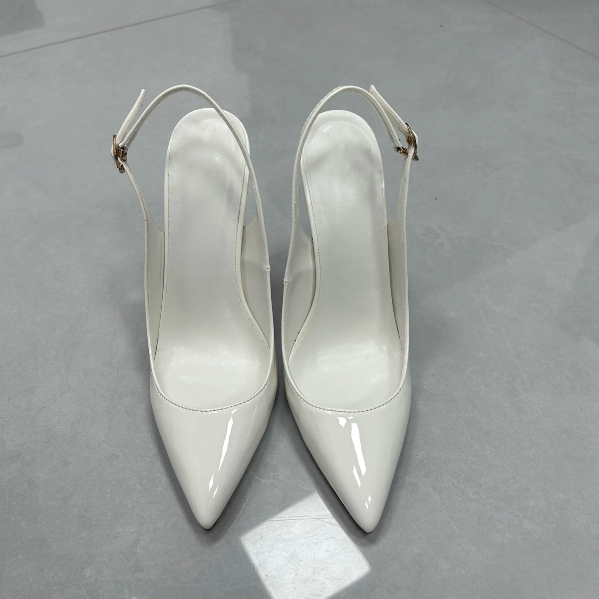 Women White Patent Leather Slingback Pumps Pointed Toe Thin Stiletto High Heels Buckle Strap Dress Shoes for Wedding Party Offic