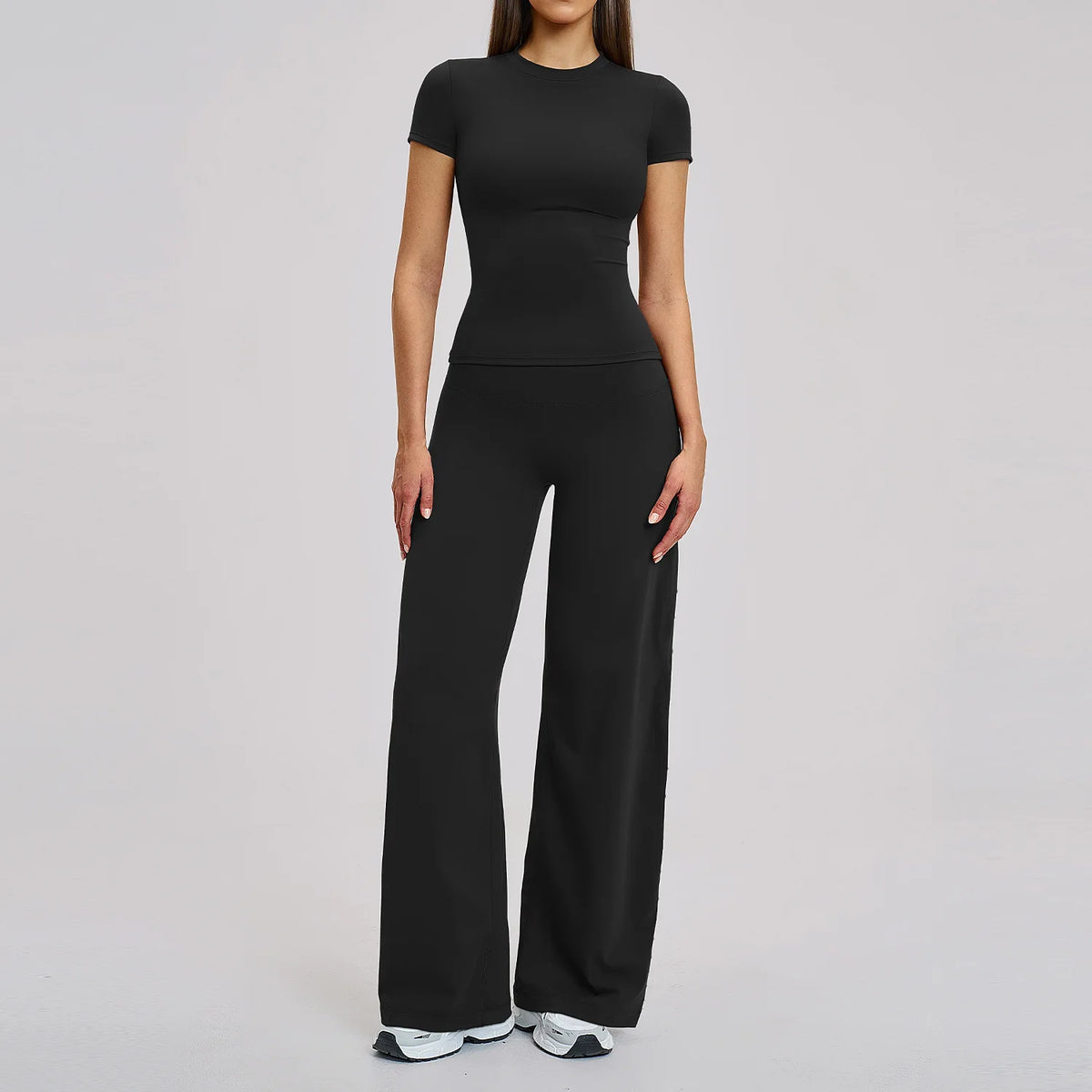 Yoga Set 2 Pieces Women's Tracksuit Short Sleeve O Neck Slim Sports T Shirts High Waist Flare Leggings Gym Running Fitness Suit