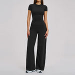 Yoga Set 2 Pieces Women's Tracksuit Short Sleeve O Neck Slim Sports T Shirts High Waist Flare Leggings Gym Running Fitness Suit