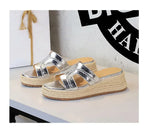 Spring 2025 Women's Slippers Hollow Out Strap Waterproof Thick Heel Woven Rope Country Style Slip-On Shoes Polyurethane Material