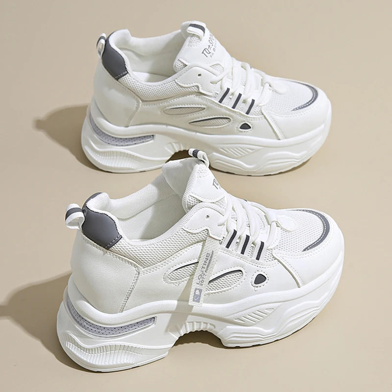 Breathable White Sneakers Shoes Women Mix Color Chunky Platform Sport Sneaker Woman 2025 Lace-Up Thick Bottom Vulcanize Shoes