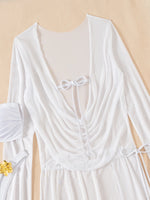 sexy white bandeau metal flower bikinis sets 3pcs with mesh long sleeve wrinkled tie mini dress swimsuit bathing suit biquini