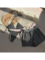 With Shorts Striped Halter Bikini Female Swimsuit Women Swimwear Three-Pieces Bikini Set Padded Bather Bathing Suit Swim V7159
