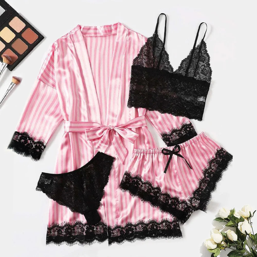 2025 New Women's Pajama Fashion 4-Piece Set Lace Satin Strap Sexy Pajama Set Dress Skin Friendly Comfortable Casual Pajama Skirt