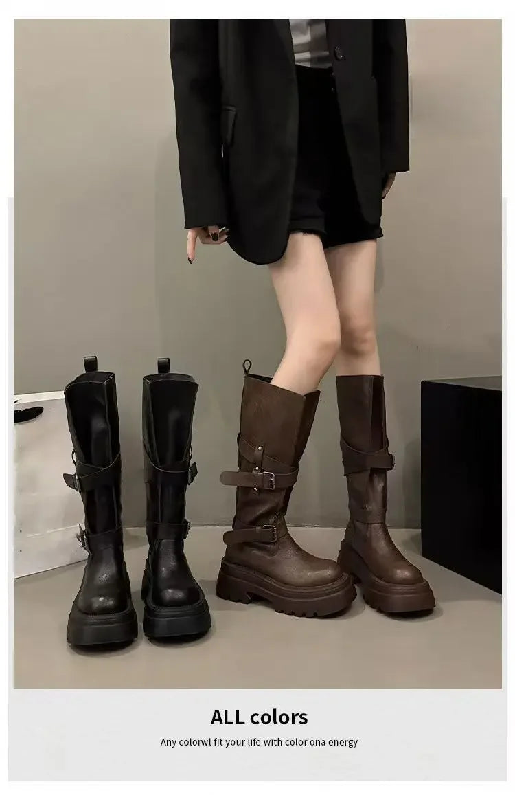 2026 New Vintage Thick Bottom Woman Knee High Boots Fashion Belt Buckle Zippers Shoes Female Knight Long Booties Shoes