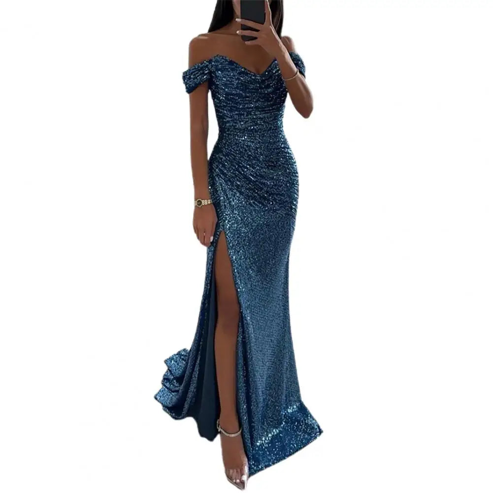 Evening Party Prom Dress Elegant V-Neck Off Shoulder Dress Sequin Pleated Short Sleeve Waist Tight Slim Sexy Split Long Dress