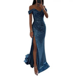 Evening Party Prom Dress Elegant V-Neck Off Shoulder Dress Sequin Pleated Short Sleeve Waist Tight Slim Sexy Split Long Dress