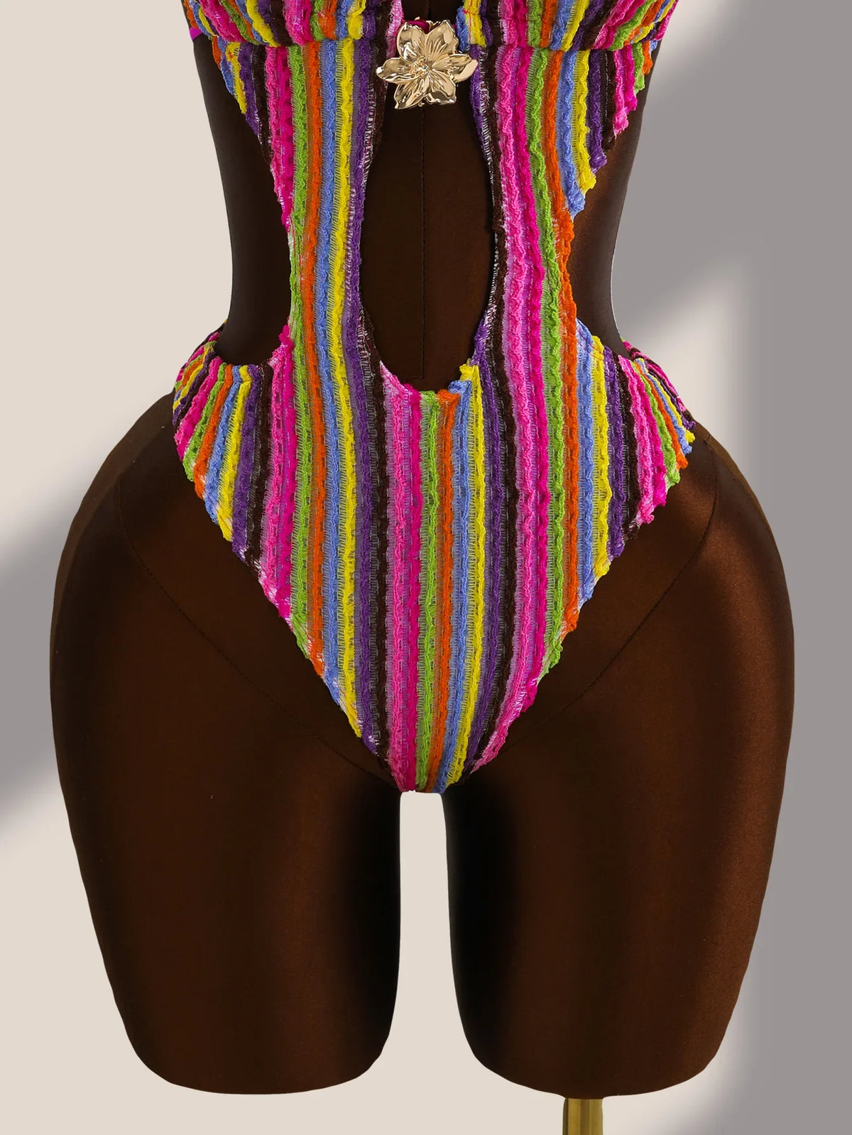 Vintage Black Striped One Piece Swimwear Women 2026 3D Metal Flower Hollow Out Backless Beach Holiday Bathing Suit Swimsuit