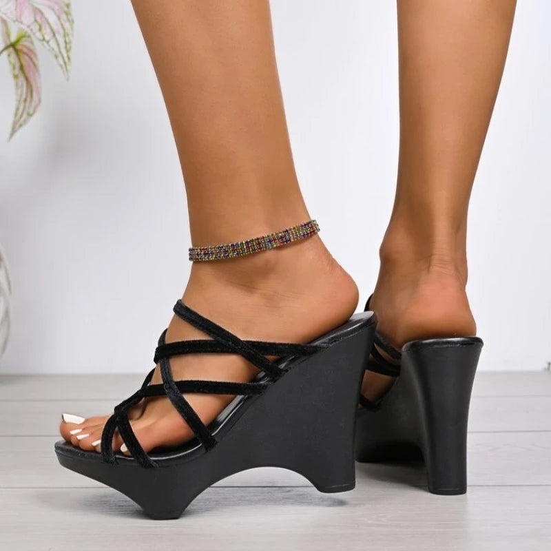 Strange Style Heels Slides Black Straps Women Summer Shoes Outside Slippers High Heels WomanShoes