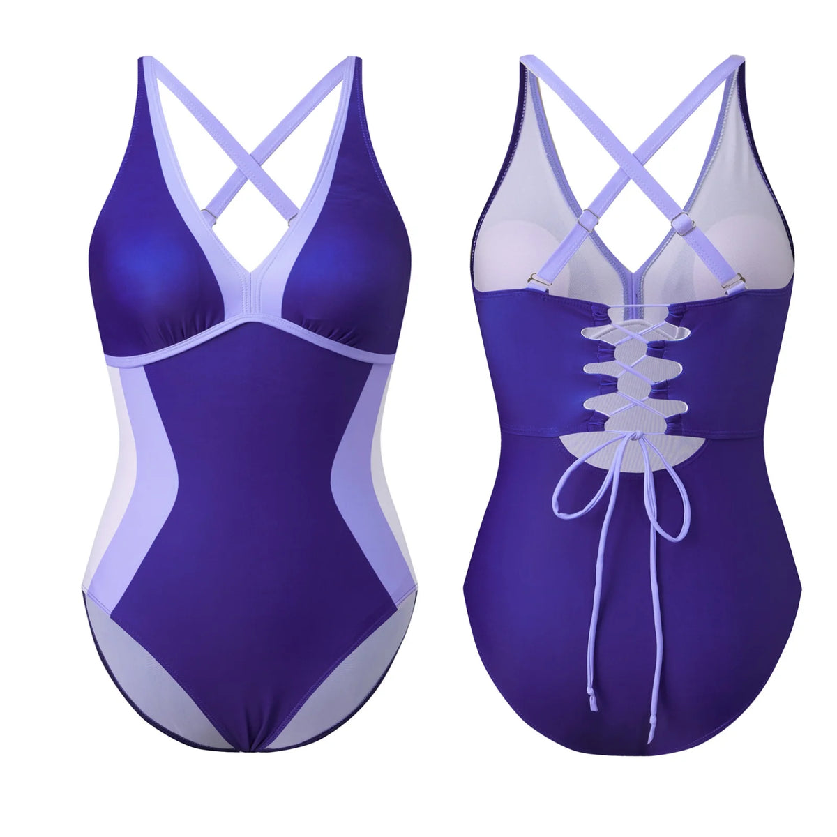 Women Bikini Contrast Color Monokini Swimsuit V-Neck Tie Back Sleeveless Bodysuit Swimwear for Beachwear Bathing Suits