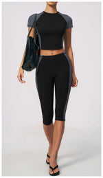 Color Blocking 2PCS Yoga Set Women's Tracksuit Short Sleeve O Neck Sports T Shirts High Waist Cropped Pants Tight Fitness Suits