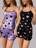 Women Pajama Set Summer Sleepwear Heart Love Pattern Cami Tops and Shorts Set Loungewear Soft Comfy Nightwear