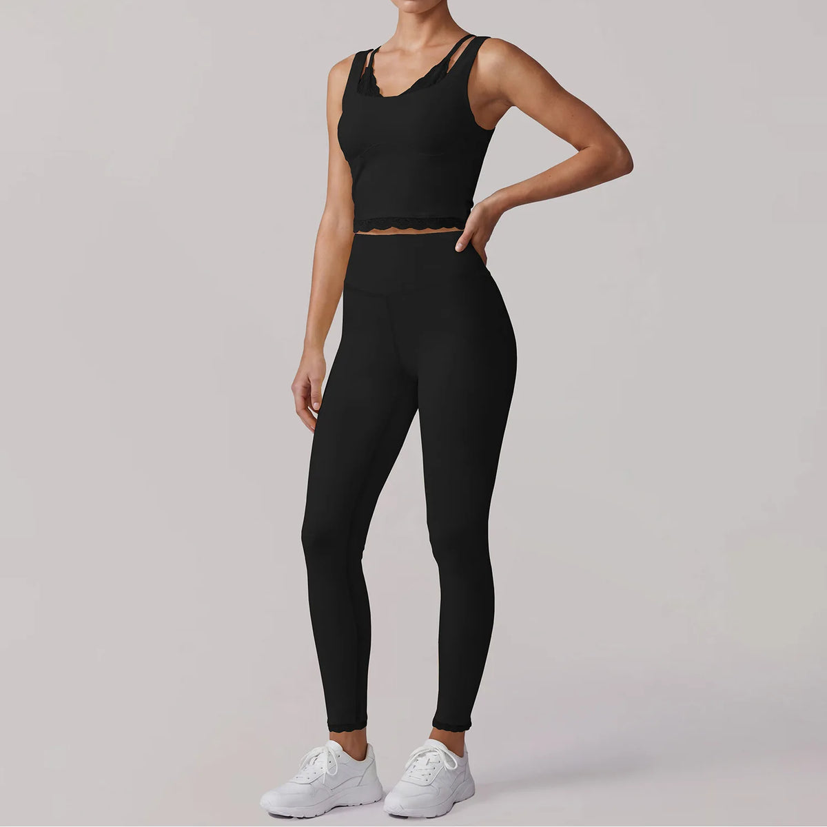 Fake Two Piece Tank Top Yoga Sets Women Lace V Neck Sports Vest Fitness Suit Hip Lifting High Waist Leggings Workout Clothes