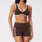 Tight Color Contrast Yoga Suit 2 Pieces Women V Neck Sports Bra Pleate High Waist Shorts Gym Running Fitness Suits Tracksuit
