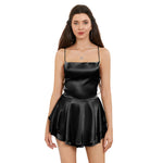 Women Solid Color Cami Playsuits Cowl Neck Sleeveless Short Jumpsuits Summer Cross Tie-Up Backless Satin Romper Clubwear