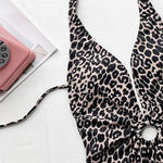 Leopard Print Halter Backless Swimwear Sexy One Piece Swimsuit Women 2026 Hollow Out Bathing Suit Metal Wrinkled Monokini Swim