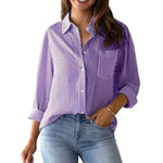Women Shirt Lapel Long Sleeve Women's Shirts Single Breasted Shirt Tops with Patch Pocket Office Tops